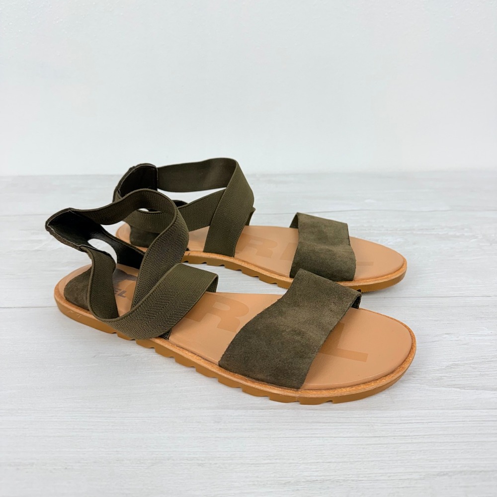 Sorel‎ Ella II Sandals Womens 8.5 Olive Green Suede Elastic Flat Comfort Neutral